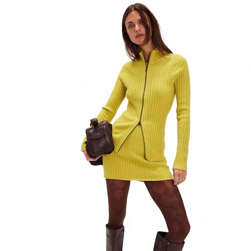 $168  NEW ! FREE PEOPLE Eliza Mini Skirt Sweater Set in Chartreuse Size M # 691
